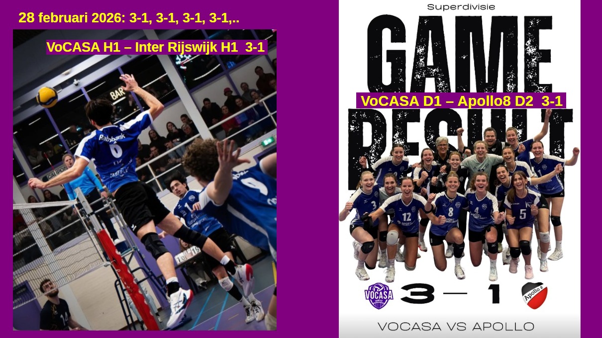 VoCASA H1-InterRijswijk 3-1. Ook Dames 1-2-3 winnen met 3-1